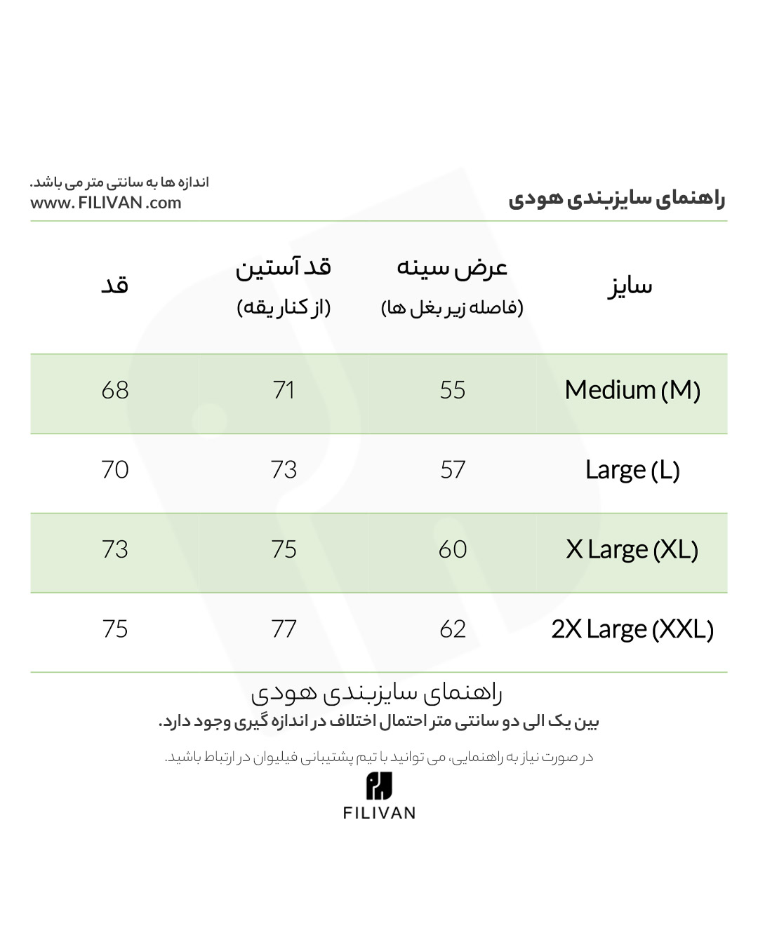 جدول راهنمای سایز هودی