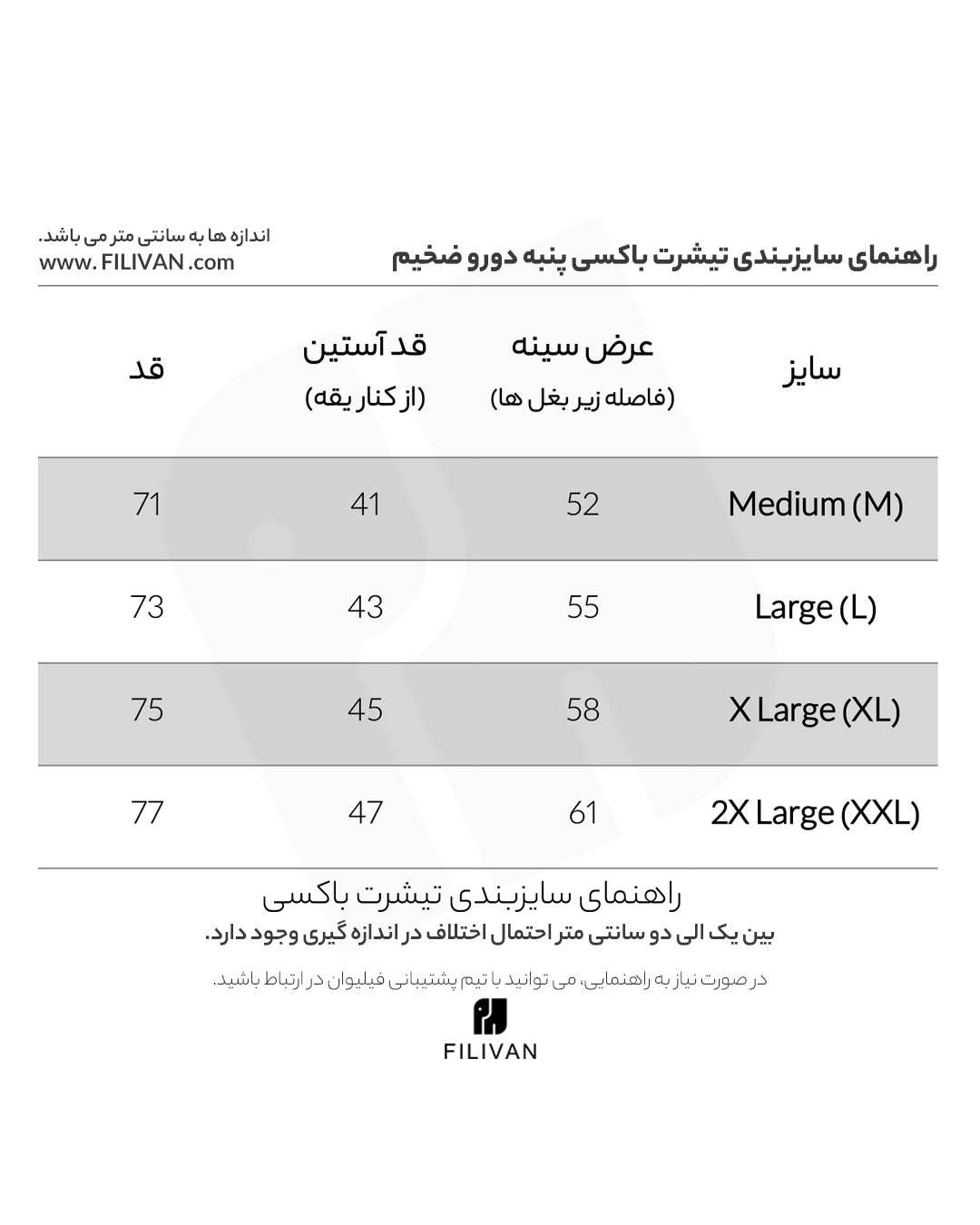 جدول راهنمای سایز تیشرت پنبه دورو